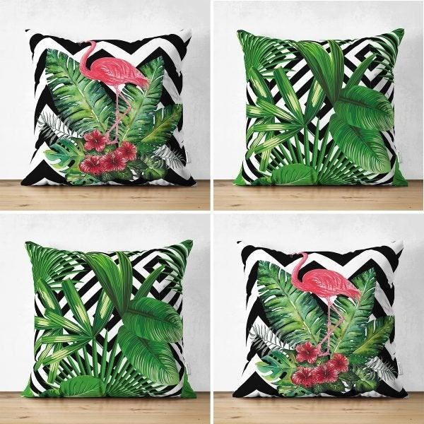 Set of 4 Tropical Plants Pillow Covers|Floral Pillow Cover|Green Leaves Pillow Case|Flamingo Print Outdoor Cushion Cover|Throw Pillow Case