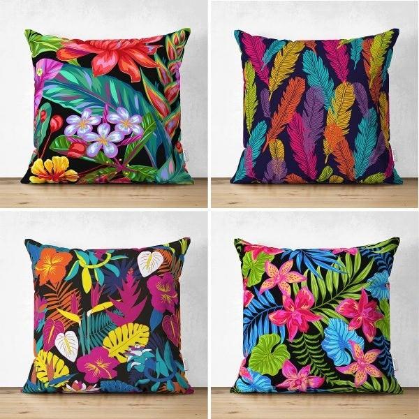 Set of 4 Colorful Floral Pillow Covers|Decorative Pillow Case|Neon Color Leaves and Feathers Pillow|Outdoor Cushion Cover|Throw Pillow Case