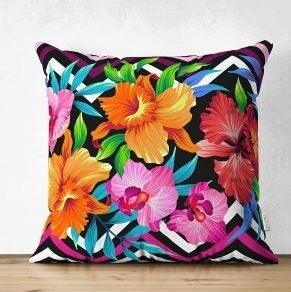 Set of 4 Colorful Floral Pillow Covers|Pineapple Pillow Cover|Colorful Flowers on Geometric Pattern|Outdoor Cushion Cover|Throw Pillow Case