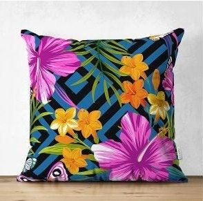 Set of 4 Colorful Floral Pillow Covers|Pineapple Pillow Cover|Colorful Flowers on Geometric Pattern|Outdoor Cushion Cover|Throw Pillow Case