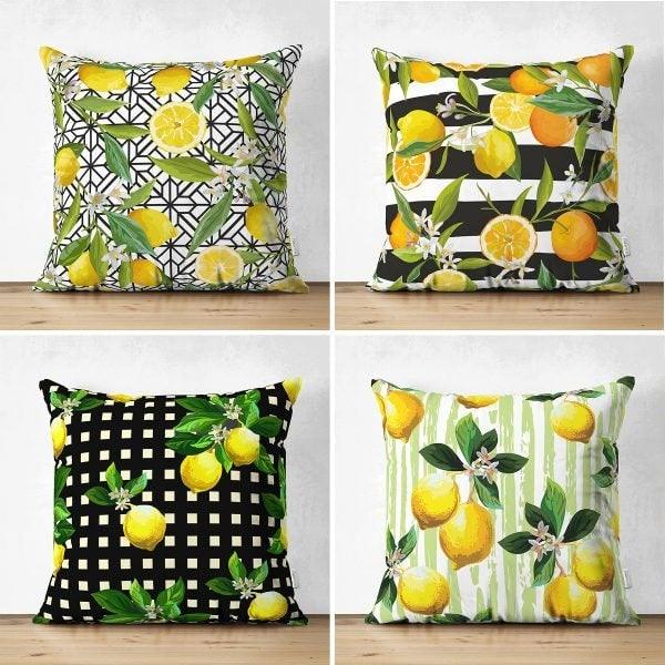 Set of 4 Floral Lemon Pillow Covers|Decorative Fresh Citrus Pillow Case|Yellow Lemon on Geometric Pattern Pillow Cover|Throw Pillow Case