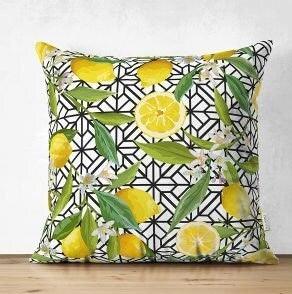 Set of 4 Floral Lemon Pillow Covers|Decorative Fresh Citrus Pillow Case|Yellow Lemon on Geometric Pattern Pillow Cover|Throw Pillow Case