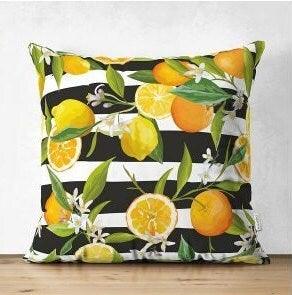 Set of 4 Floral Lemon Pillow Covers|Decorative Fresh Citrus Pillow Case|Yellow Lemon on Geometric Pattern Pillow Cover|Throw Pillow Case