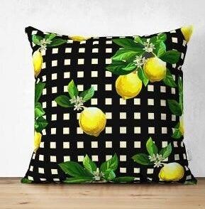 Set of 4 Floral Lemon Pillow Covers|Decorative Fresh Citrus Pillow Case|Yellow Lemon on Geometric Pattern Pillow Cover|Throw Pillow Case