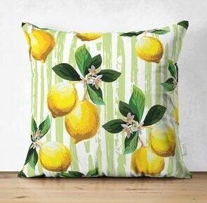 Set of 4 Floral Lemon Pillow Covers|Decorative Fresh Citrus Pillow Case|Yellow Lemon on Geometric Pattern Pillow Cover|Throw Pillow Case