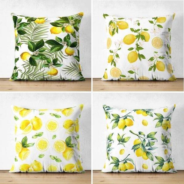 Set of 4 Floral Lemon Pillow Covers|Decorative Fresh Citrus Pillow Case|Yellow Lemon on Geometric Pattern Pillow Cover|Throw Pillow Case