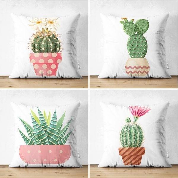 Set of 4 Green Cactus Pillow Covers|Decorative Succulent Pillow Case|Housewarming Floral Cactus Throw Pillow Case|Boho Bedding Home Decor