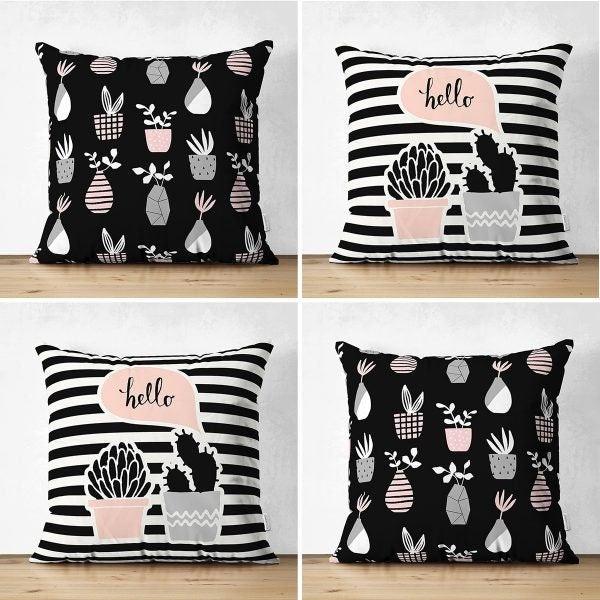 Set of 4 Cactus Pillow Covers|Striped Succulent Pillow Case|Hello Cactus Throw Pillow Top|Black White Cactus in Flowerpot Drawing Pillow Top