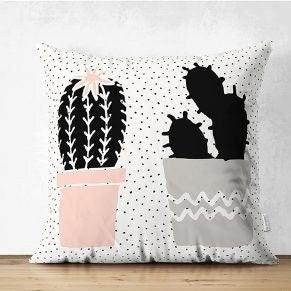 Set of 4 Cactus Pillow Covers|Decorative Succulent Pillow Case|Floral Cactus Throw Pillow Top|Black White Cactus in Flowerpot Drawing Pillow