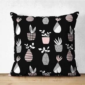 Set of 4 Cactus Pillow Covers|Striped Succulent Pillow Case|Hello Cactus Throw Pillow Top|Black White Cactus in Flowerpot Drawing Pillow Top