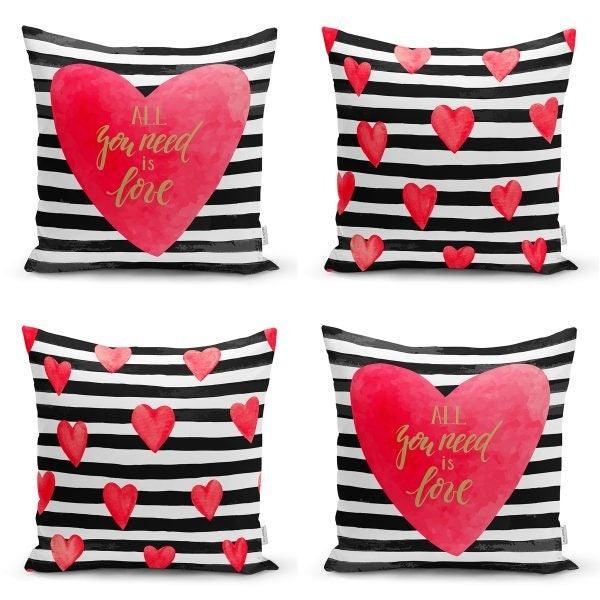 Set of 4 Valentine's Day Pillow Covers|Striped Heart Print Home Decor|All You Need is Love Cushion Case|Love Throw Pillow Top|Gift for Women