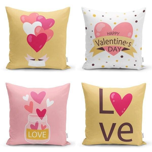 Set of 4 Valentine's Day Pillow Covers|Pinky Hearts Home Decor|Love Print Cushion Case|Valentine Decoration for February 14|Throw Pillow Top