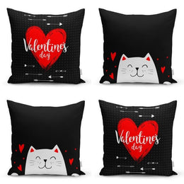Set of 4 Valentine's Day Pillow Covers|Love Cat Print Home Decor|Red Black Cushion Case|Heart and Love Arrow Throw Pillow Top|Gift for Her