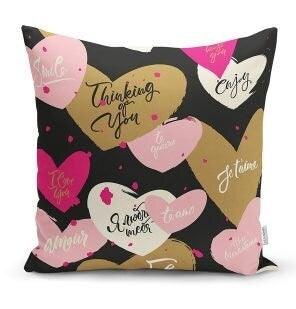 Set of 4 Valentine's Day Pillow Covers|Pink Heart Cushion|Thinking of You Decor|Be Mine Throw Pillow Top|Love You Print Fiance Gift For Her