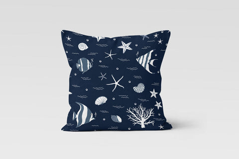 Beach House Pillow Case|Fish Pillow Cover|Sea Turtle Starfish Pillow|Decorative Nautical Cushion|Coral Print Throw Pillow|Coastal Home Decor