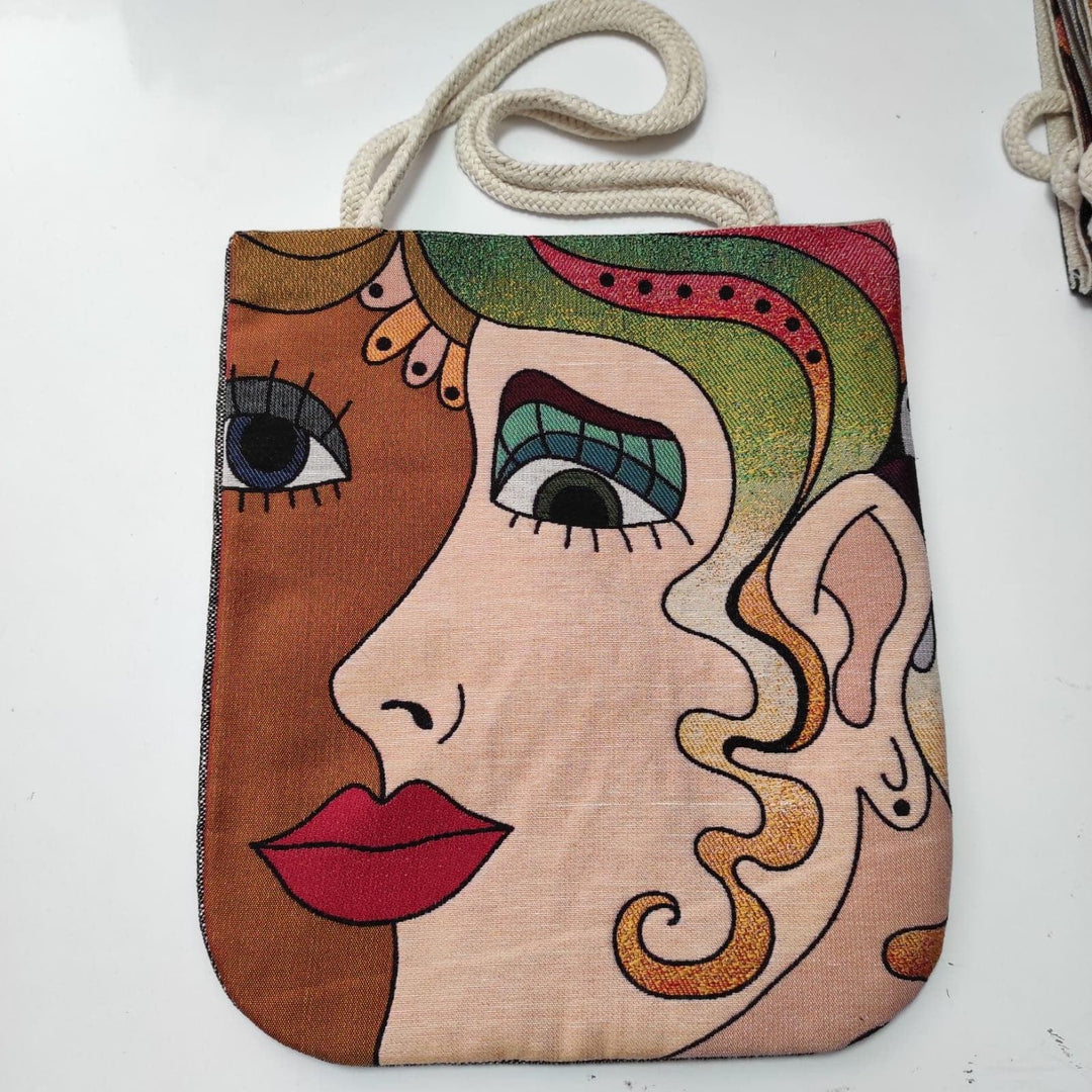 Woman Face Shoulder Bags|Picasso Painting Drawstring Bag|Handmade Tapestry Bag|Overnight Gobelin Bag|Woven Tote Bag|Vintage Style Boho Bag