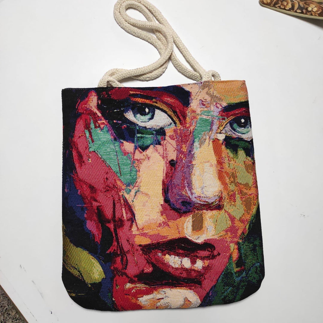 Woman Face Shoulder Bags|Colorful Drawstring Bag|Handmade Tapestry Bag|Unique Design Gobelin Bag|Woven Tote Bag|Vintage Style Large Boho Bag