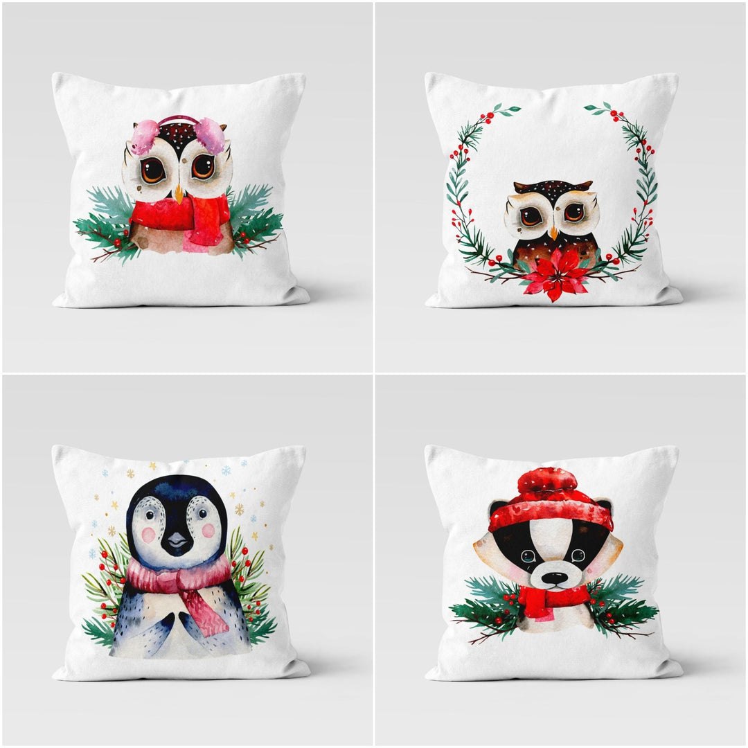 Winter Animals Pillow Cover|Owl, Penguin and Dog Print Throw Pillow Case|Animals and Red Berries Cushion|Decorative Farmhouse Style Pillow