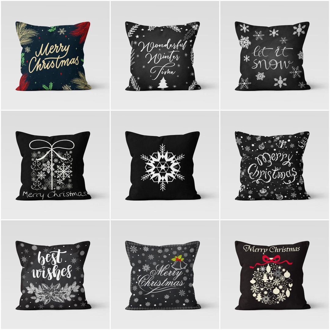 Christmas Pillow Cover|Black White Christmas Decor|Decorative Best Wishes Cushion|Snowflake Xmas Throw Pillow|Merry Xmas Outdoor Pillow Top