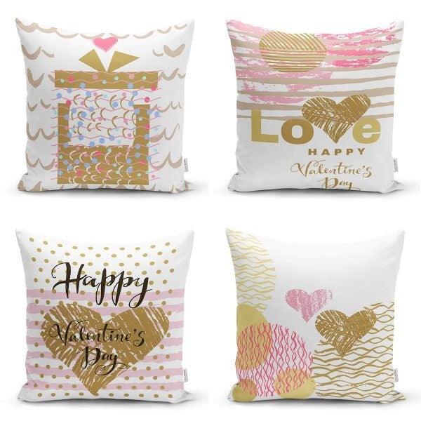 Set of 4 Valentine's Day Pillow Covers|Gold Pink Love Decor|Happy Valentine's Day Cushion Case|Love Throw Pillow Top|Gift for February 14