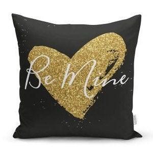 Set of 4 Valentine's Day Pillow Covers|Gold Pink Heart Print Cushion Case|I Love You Pillow Top|Be Mine Throw Pillow|Black Gold Love Decor