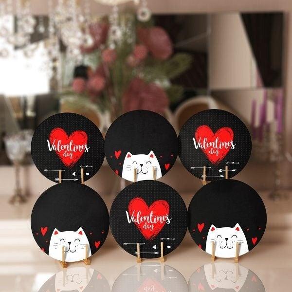 Valentine's Day Placemat|Set of 6 Love Cat Supla Table Mat|Red Heart Round Dining Underplate|Romantic Home Decor|Coaster Set Gift for Women