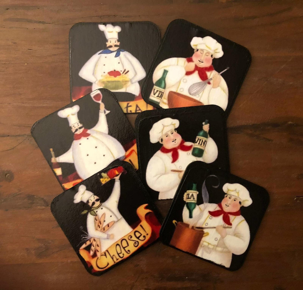 Set of 6 Custom Wood Coasters|Handmade Chef Themed Coaster Set|Crazy Chef's Coasters|Fat Chef Gifts|Unique New Home Gifts|Cute Home Decor