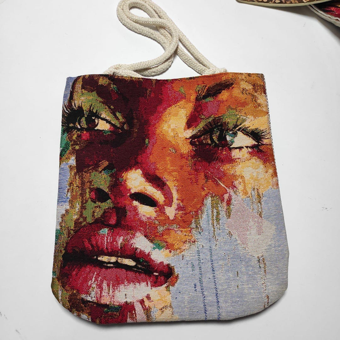 Woman Face Shoulder Bags|Colorful Drawstring Bag|Handmade Tapestry Bag|Unique Design Gobelin Bag|Woven Tote Bag|Vintage Style Large Boho Bag