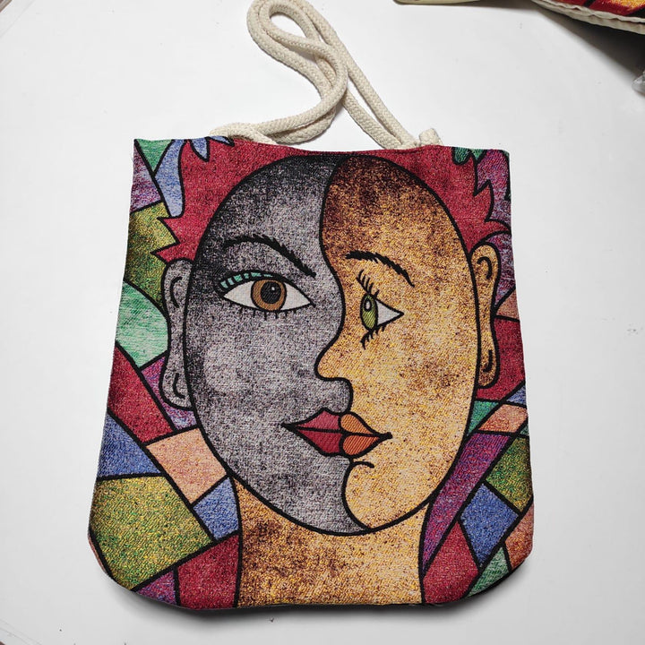 Woman Face Shoulder Bags|Colorful Drawstring Bag|Handmade Tapestry Bag|Unique Design Gobelin Bag|Woven Tote Bag|Vintage Style Large Boho Bag