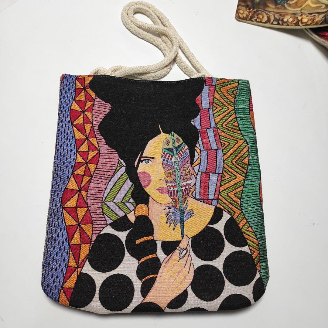 Woman Pattern Shoulder Bags|Woven Drawstring Bag|Ethnic Design Tapestry Bag|Handmade Gobelin Bag|Woven Tote Bag|Vintage Style Large Boho Bag