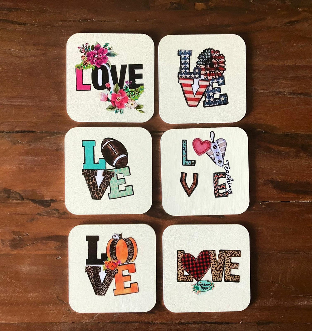 Set of 6 Love Themed Drink Coaster Set|Romantic Home Decor|Handmade Coffee Table Decor|New Home Gift For Women|Valentine's Day Coaster Set