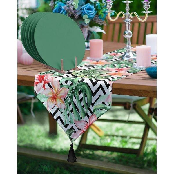 Floral Table Runner & Placemat Set|Summer Tabletop|Set of 6 Supla Table Mat|Flowers with Green Leaves Runner and American Service Underplate