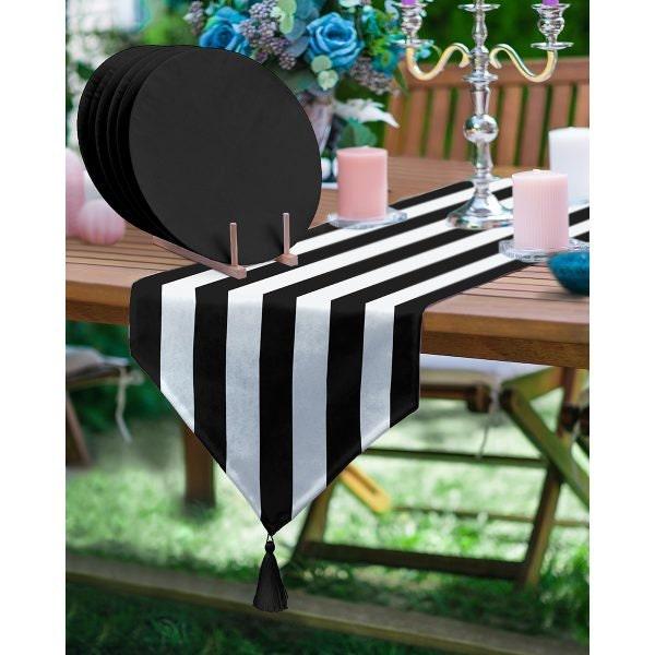 Geometric Runner & Placemat Set|Black White Tabletop|Set of 6 Supla Table Mat|Zigzag and Striped Tablecloth and American Service Underplate