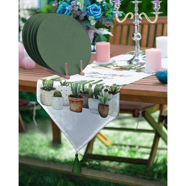 Cactus Table Runner & Placemat Set|Succulent Tabletop|Set of 6 Supla Table Mat|Green Pink Cactus Tablecloth and American Service Underplate