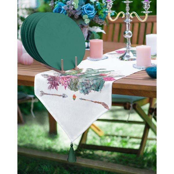 Cactus Table Runner & Placemat Set|Succulent Tabletop|Set of 6 Supla Table Mat|Green Pink Cactus Tablecloth and American Service Underplate