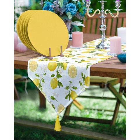 Lemon Table Runner & Placemat Set|Fresh Citrus Tabletop|Set of 6 Supla Table Mat|Yellow Green Tablecloth and American Service Underplate