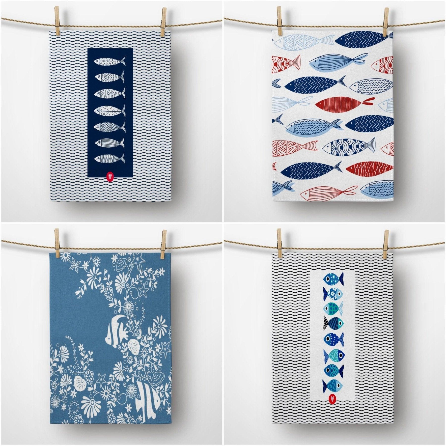Set of 4, Nautical Coastal Beach Design Kitchen Towels Dish Towels