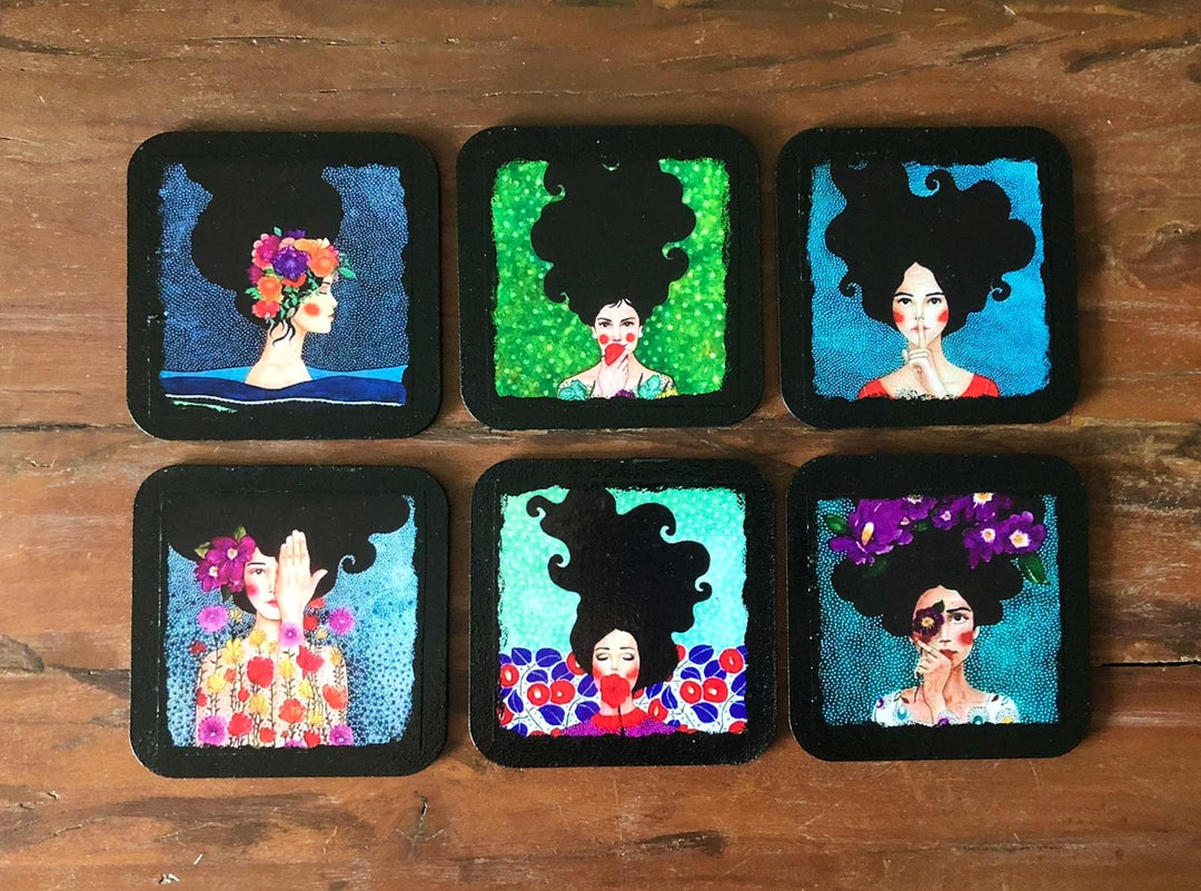 Set of 6 Hand Painted Coasters|Women Themed Drink Coaster Set|Custom Handmade Kitchen Decor|New Home Gift|Original Cute Decor|Gift For Mom