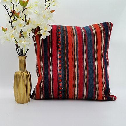 Vintage Kilim Pillow Cover|Striped Turkish Kilim Cushion Case|Traditional Antique Throw Pillow|Boho Bedding Decor|Handwoven Rug Decor 16x16