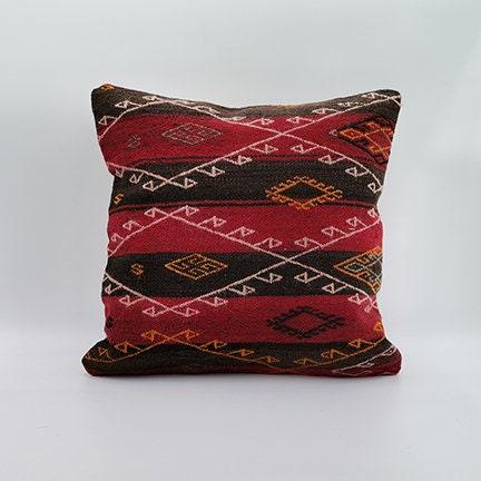 Vintage Kilim Pillow Cover|Turkish Kilim Cushion Case|Traditional Soft Throw Pillow Top|Diamond Pattern Rug Design|Handwoven Cushion 16x16