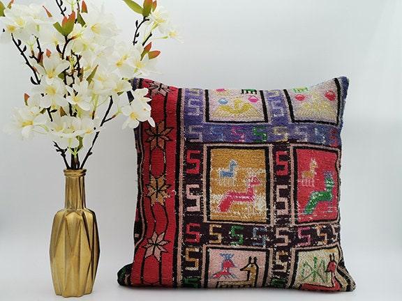 Vintage Kilim Pillow Cover|Turkish Kilim Cushion Case|Animal Print Kelim Pillowcase|Floral Ottoman Rug Decor|Handwoven Rug Cushion 16x16