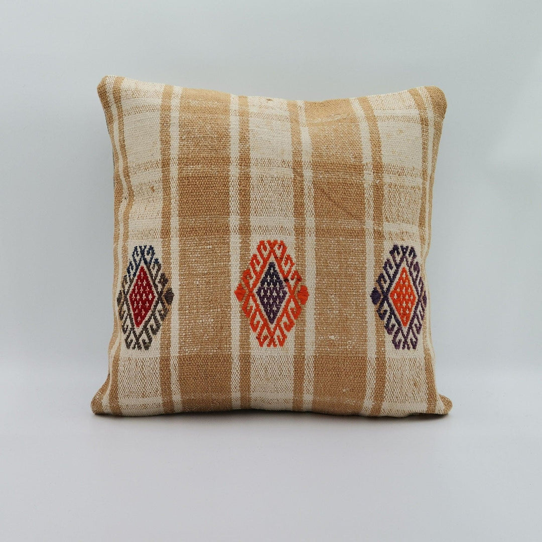 Vintage Kilim Pillow Cover|Diamond Pattern Turkish Kilim Cushion Case|Antique Soft Throw Pillow Top|Handwoven Rug Design Cushion Case 16x16