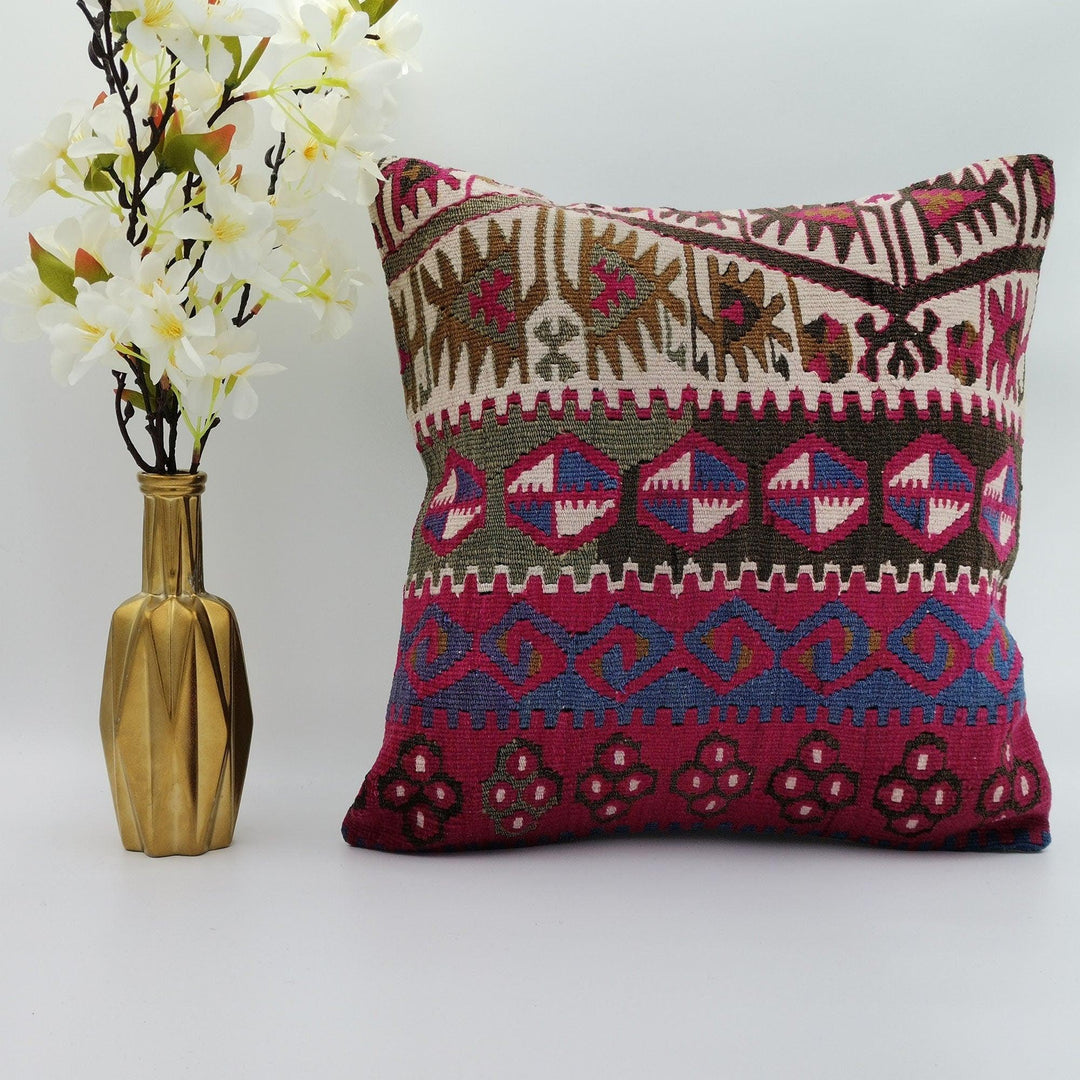 Vintage Kilim Pillow Cover|Turkish Kilim Cushion Case|Antique Ottoman Rug Throw Pillow Top|Cozy Home Decor|Handwoven Cushion Case 16x16