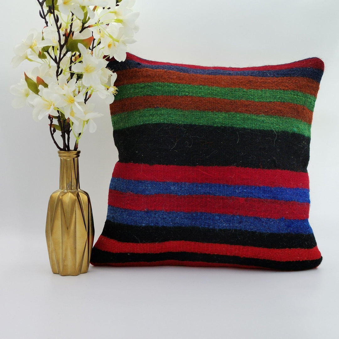 Vintage Kilim Pillow Cover|Turkish Kelim Home Decor|Eclectic Anatolian Throw Pillow Top|Boho Bedding Decor|Handwoven Striped Rug Case 16x16