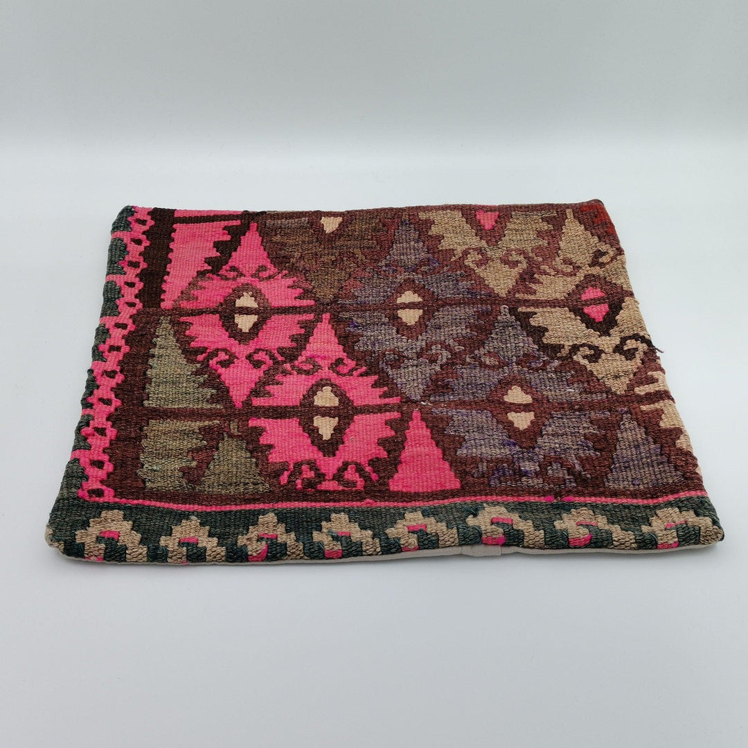 Vintage Kilim Pillow Cover|Diamond Pattern Turkish Kelim Cushion Case|Soft Upholstery Throw Pillow Top|Handwoven Rug Design Cushion 16x16