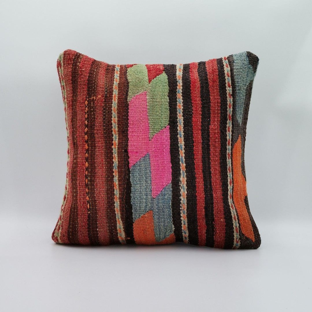 Turkish Kilim Pillow Cover|Vintage Rug Cushion Case|Ethnic Ottoman Throw Pillow Top|Handwoven Antique Cushion Cover|Boho Bedding Decor 16x16