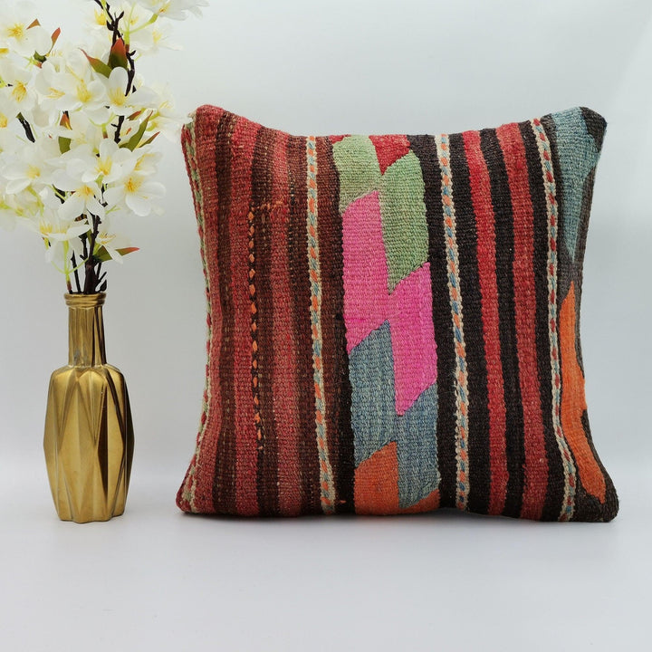 Turkish Kilim Pillow Cover|Vintage Rug Cushion Case|Ethnic Ottoman Throw Pillow Top|Handwoven Antique Cushion Cover|Boho Bedding Decor 16x16