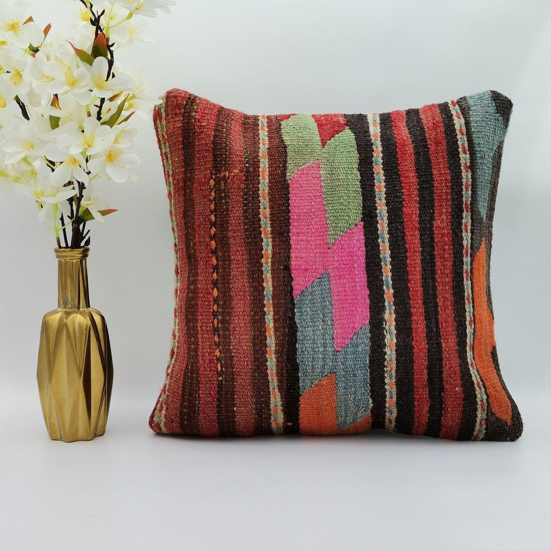 Turkish Kilim Pillow Cover|Vintage Rug Cushion Case|Ethnic Ottoman Throw Pillow Top|Handwoven Antique Cushion Cover|Boho Bedding Decor 16x16