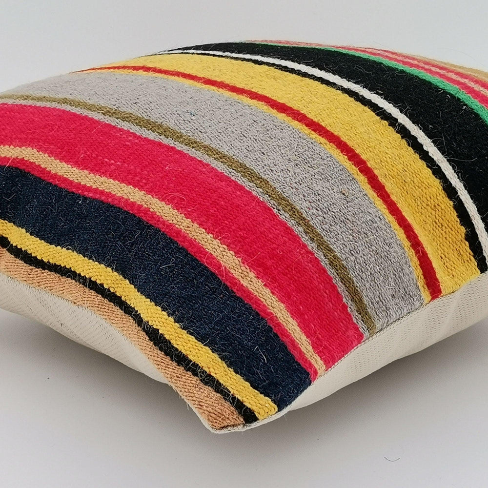 Turkish Kilim Pillow Cover|Colorful Vintage Kelim Cushion Case with Stripes|Ethnic Anatolian Throw Pillow Top|Farmhouse Handwoven Rug 16x16