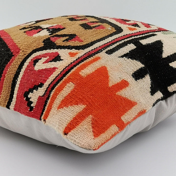 Turkish Kilim Pillow Cover|Abstract Design Kelim Cushion Case|Ottoman Rug Throw Pillow Top|Handwoven Anatolian Decor|Vintage Cushion 16x16